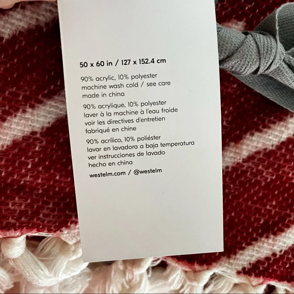 West Elm Red & White Line Pattern Fringe Knit Throw Blanket Size 50” x 60”